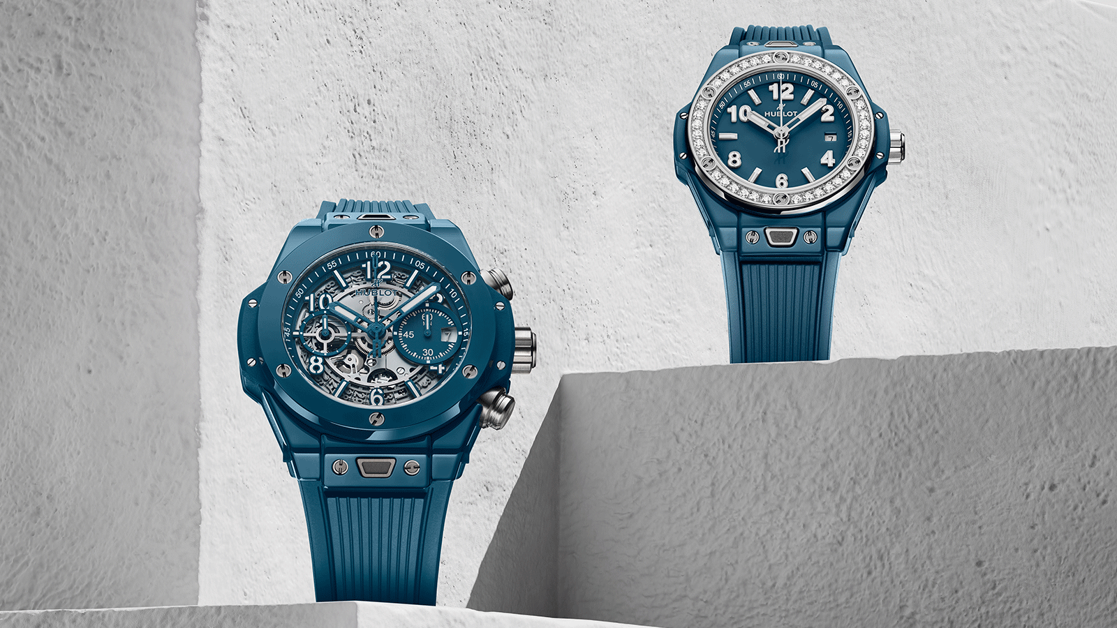 Hublot Big Bang UNICO Petrol Blue Ceramic - 441.ES.5121.RX (Left), Big Bang One Click Petrol Blue Ceramic Diamonds 485.ES.5171.RX.1204 (Right)