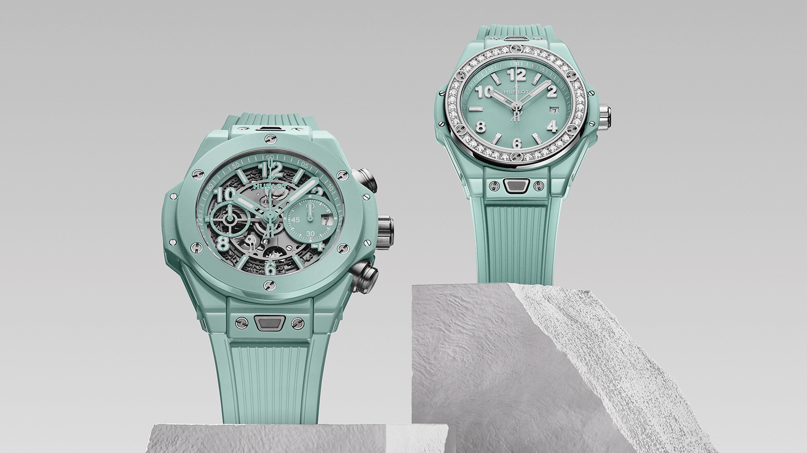 Hublot Big Bang UNICO Mint Green Ceramic - 441.GS.5221.RX (Left), Big Bang One Click Mint Green Ceramic Diamonds - 485.GS.5271.RX.1204 (Right)