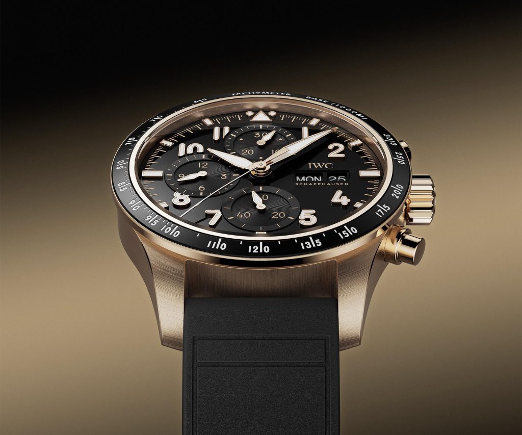 IWC Pilot's Watch Performance Chronograph 41 Ref. IW388309 featuring 18-carat 5N gold case, black lacquered dial, gold-plated hands, and black rubber strap with EasX-CHANGE system.