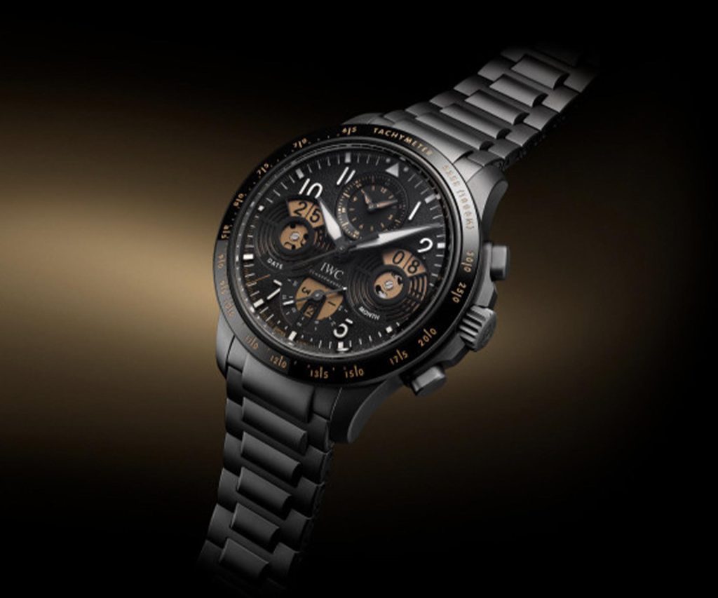 IWC Pilot's Watch Performance Chronograph Perpetual Calendar Digital Date-Month Ref. IW388801 with all-black Ceratanium case, gold-colored digital calendar displays, and hammered texture dial.