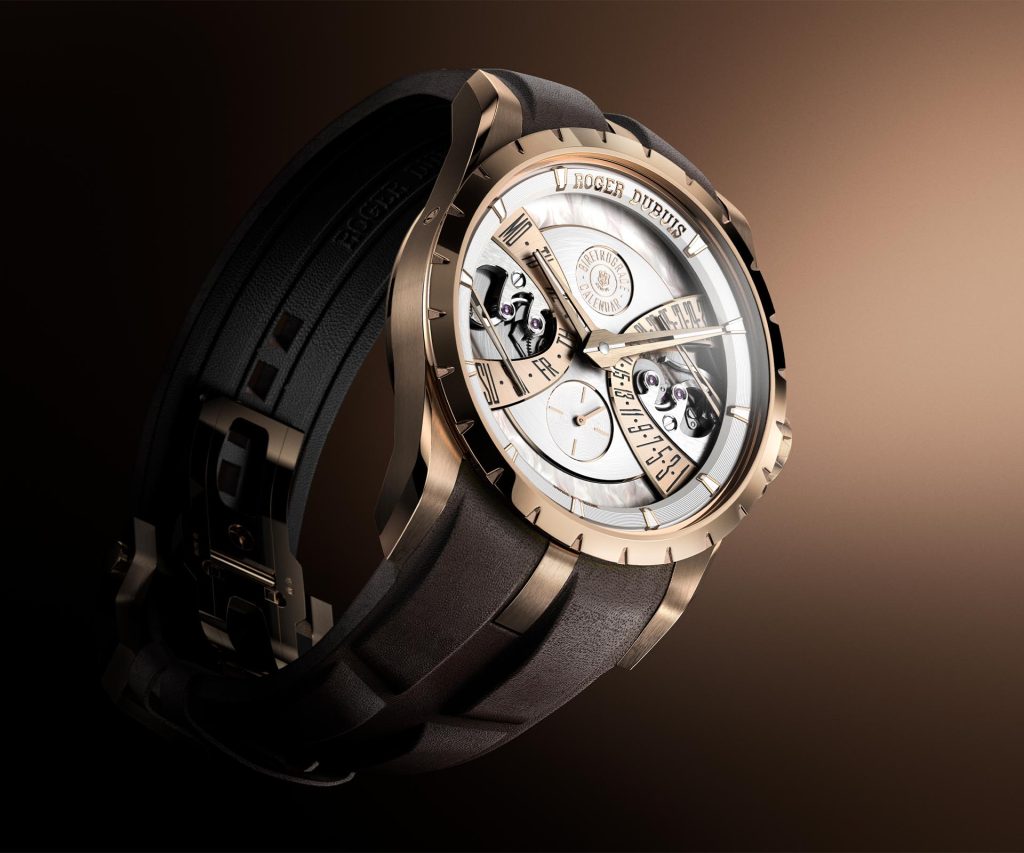 Side profile of the Excalibur Biretrograde Calendar showing the refined 11.25mm thick pink gold case with sapphire crystals front and back, and brown calfskin strap.