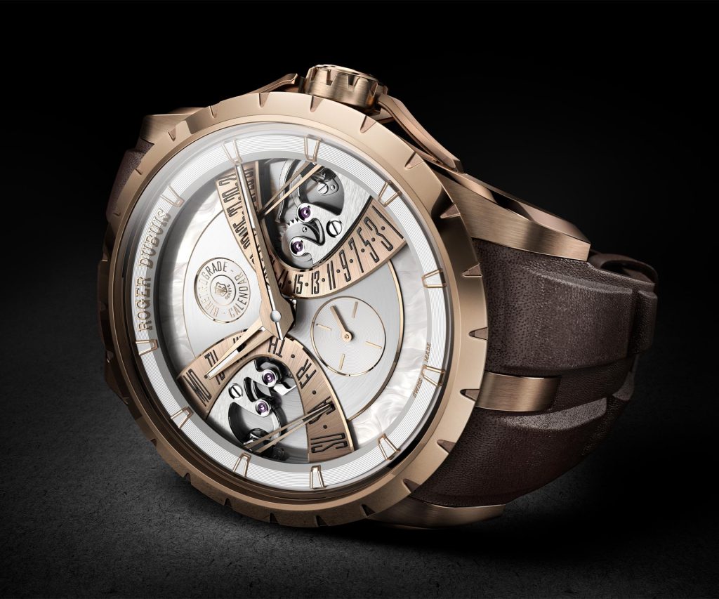 Front view of the Roger Dubuis Biretrograde Calendar showing the symmetrical layout with retrograde displays at 3 and 9 o'clock, and elegant applied hour markers in pink gold.