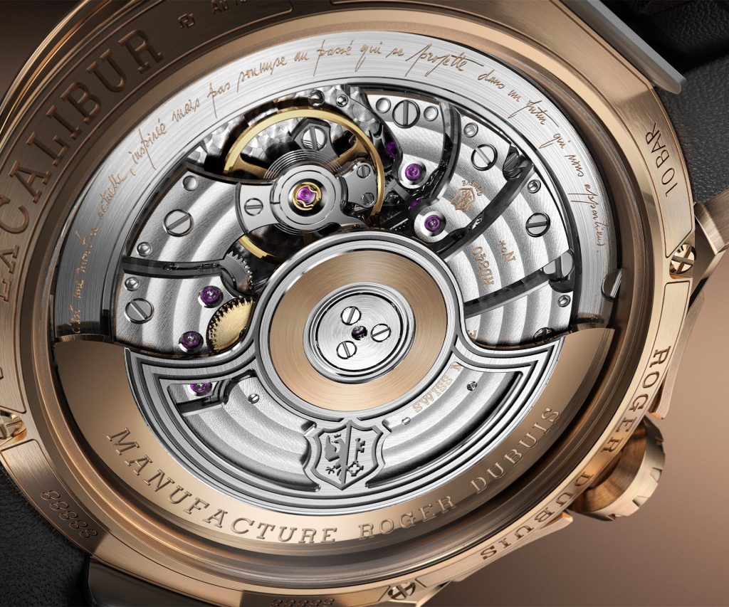 Sapphire caseback view of the Roger Dubuis RD840 automatic movement with Geneva Seal certification, showing intricate hand finishing and decorative oscillating weight.