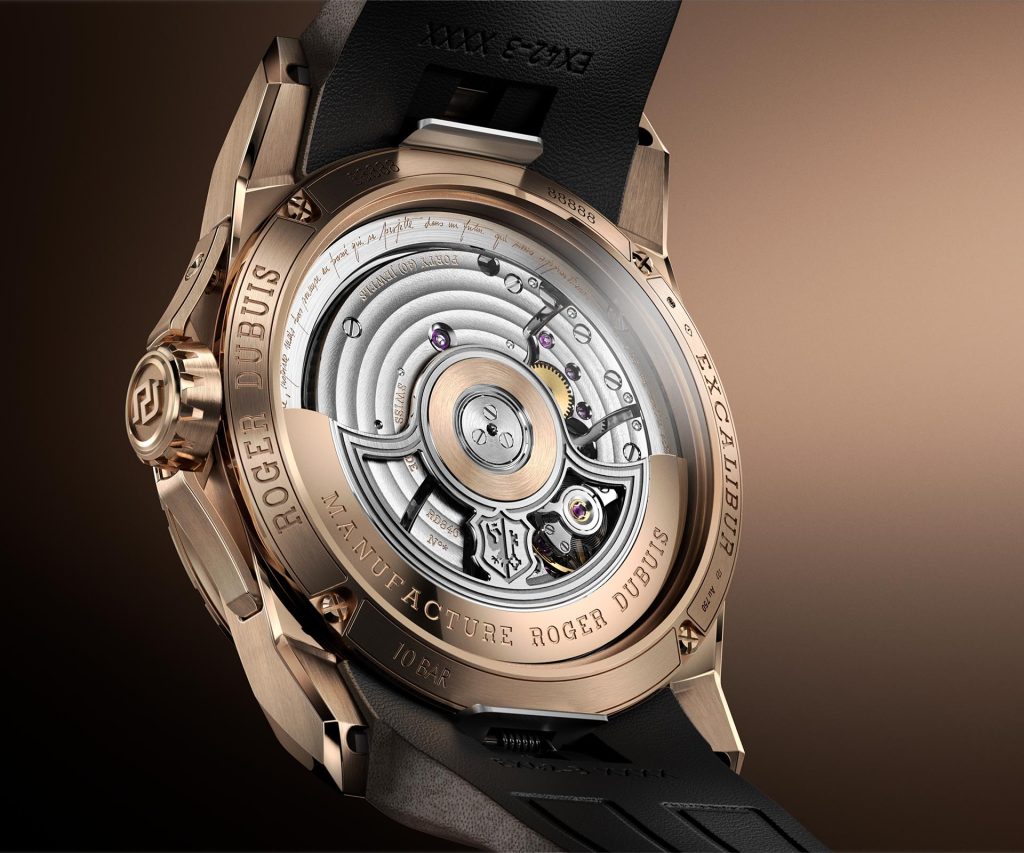 Sapphire caseback view of the Roger Dubuis RD840 automatic movement with Geneva Seal certification, showing intricate hand finishing and decorative oscillating weight.