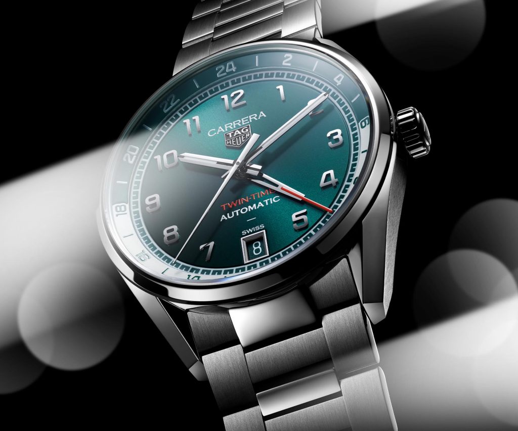 TAG Heuer Carrera Date Twin-Time 2025 release with 41mm steel case, teal sunray brushed dial, two-tone teal and silver flange, and red-tipped GMT hand for global travelers.