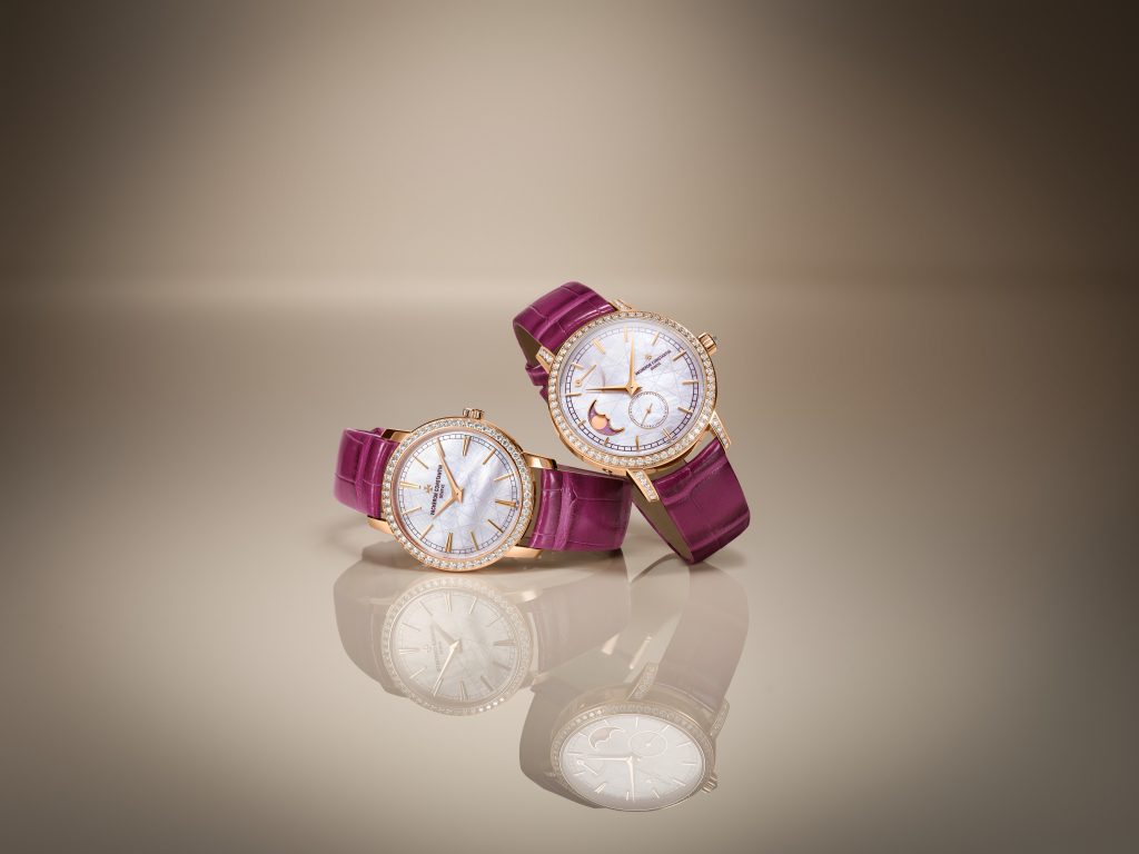 Vacheron Constantin Traditionnelle Moon Phase Ref. 83570/000R-H060 2025 270th Anniversary Edition with 36mm diamond-set pink gold case, mother-of-pearl dial with Maltese cross motif, Calibre 1410 AS/270, and pink alligator strap.