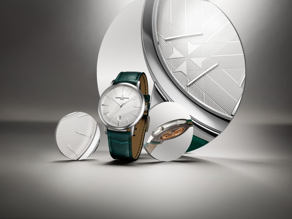 The Patrimony Self-Winding in white gold for 2025 presents classic simplicity with the special anniversary dial motif, central seconds, date window at 6 o'clock, and an elegant dark green alligator strap.
