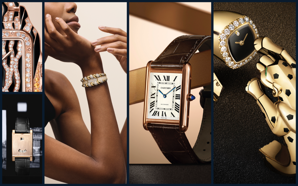 Collage of Cartier's 2025 collection featuring the Tank Louis Cartier with flinqué dial, Tank à Guichets with jumping hour display, sculptural Tressage watch, and diamond-set Panthère timepieces.