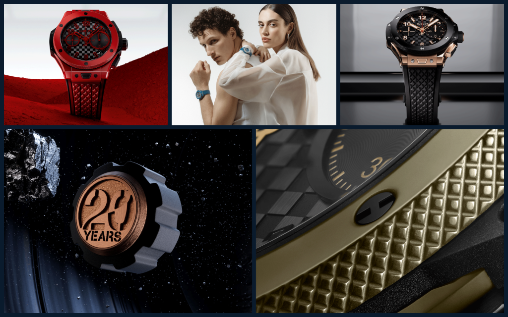 Collage of Hublot's 2025 Big Bang 20th anniversary collection displaying the Titanium Ceramic, King Gold Ceramic, Red Magic, All Black, Magic Gold, and Water Blue Sapphire models with their distinctive case materials and dial treatments.
