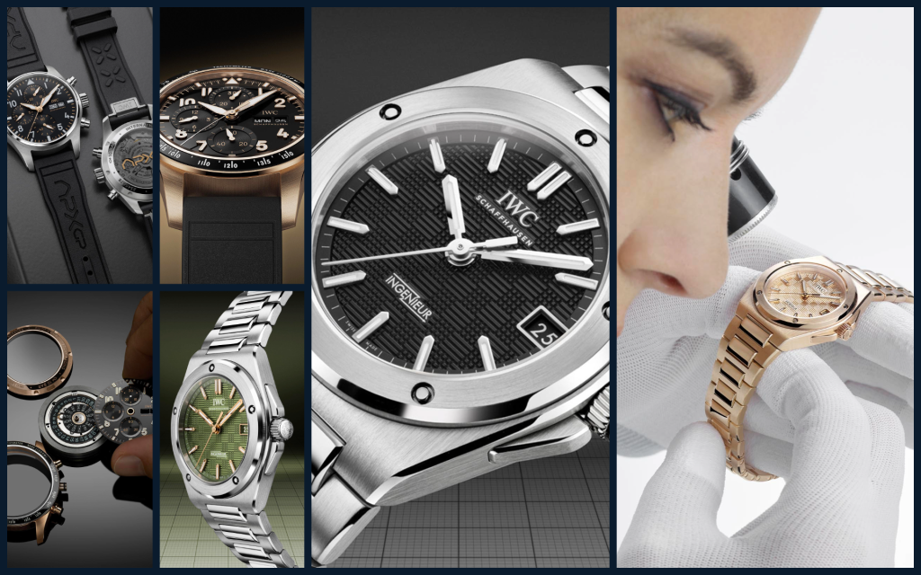 Collage of IWC's 2025 collection featuring the Pilot's Watch Performance Chronograph Perpetual Calendar Digital Date-Month in Ceratanium, F1® movie-inspired chronographs, and various Ingenieur Automatic models in different sizes and materials.
