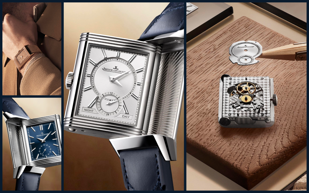 Collage of Jaeger-LeCoultre's 2025 Reverso collection showcasing the Tribute Monoface Small Seconds with pink gold Milanese bracelet, Tribute Geographic with world map reverse dial, and Tribute Duoface Small Seconds in black and blue variants.