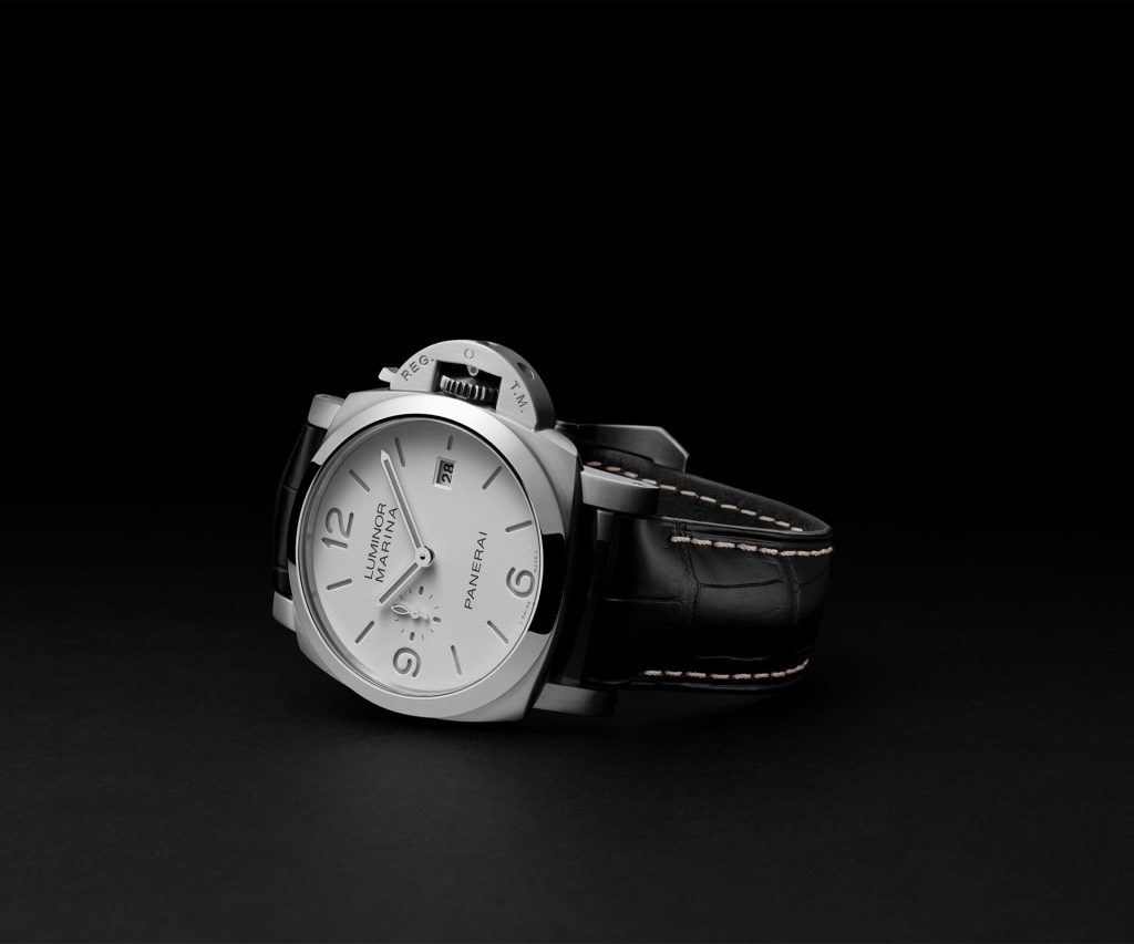 Panerai Luminor Marina PAM03314 featuring 44mm steel case, white matte sandwich dial, gray Super-LumiNova® X2 Arabic numerals and hour markers, and signature crown protection device.