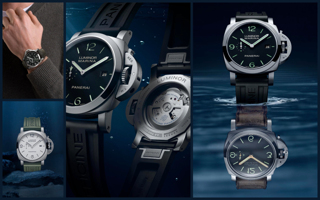 Collage of Panerai's 2025 Luminor Marina collection featuring the titanium case with olive green dial, blue sunray-brushed dial model, white dial variant, light blue dial with steel bracelet, and black dial version, all with the signature crown protection device.