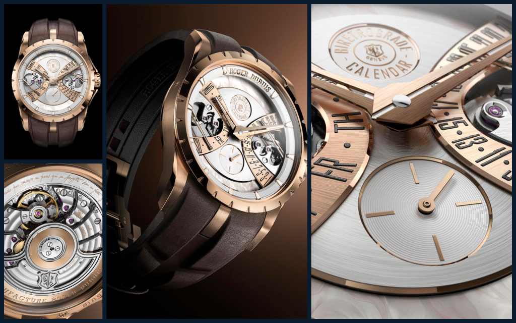 Collage of the Roger Dubuis Excalibur Biretrograde Calendar 30th anniversary timepiece showing the pink gold case, silver-plated dial with mother-of-pearl inserts, retrograde day and date displays, and the elaborately finished movement visible through the sapphire caseback.
