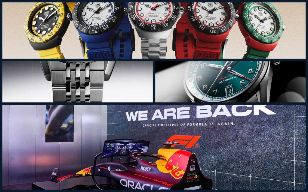 Collage of TAG Heuer's 2025 novelties showing the Formula 1 Solargraph models in various colours, Carrera Chronographs with the distinctive beads-of-rice bracelet, and the Carrera Day-Date collection in blue, red, black, and teal dial variants.