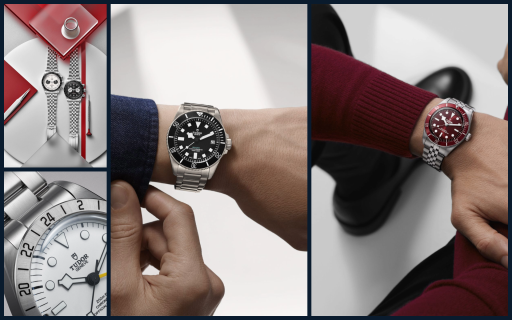 Collage of Tudor's 2025 collection featuring the burgundy Black Bay 58, technical Pelagos Ultra with 1000m water resistance, larger Black Bay 68 in blue and silver dial variants, updated Black Bay Pro with opaline dial, and Black Bay Chrono models with new bracelet options.
