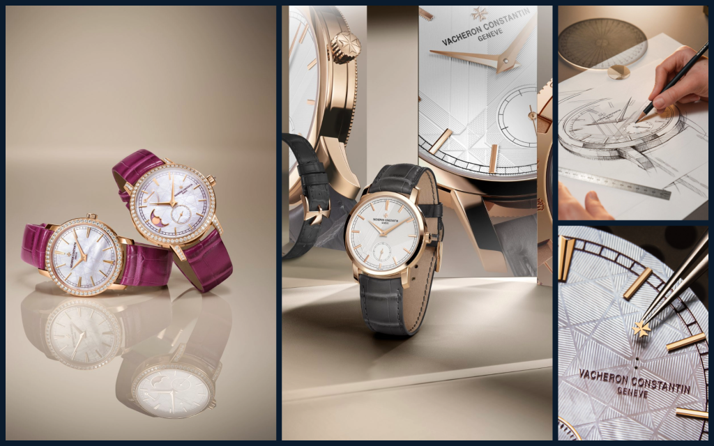 Collage of Vacheron Constantin's 270th anniversary collection showing the Traditionnelle Manual-Winding models in platinum and pink gold, Traditionnelle Moon Phase with diamond setting, and Patrimony variants with retrograde date and moonphase complications, all featuring the distinctive Maltese cross-inspired dial motif.